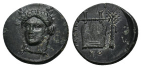 IONIA, Kolophon (Circa 330-285 BC.) AE.
Obv: Laureate, long-haired head of Apollo facing, turned slightly left.
Rev: Lyre. KO below, palm tree to ri...