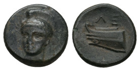 IONIA, Lebedos (Circa 2nd century BC.) AE.
Obv: Head of Athena slightly left, wearing crested helmet.
Rev: ΛE.
Prow left.
SNG von Aulock 7917; SNG...