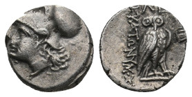 IONIA, Lebedos (Circa 330-300 BC.) AR Hemidrachm. Ekatonumos, magistrate.
Obv: Helmeted head of Athena left.
Rev: Owl standing right, head facing; E...