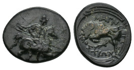 IONIA, Magnesia ad Maeandrum (Circa 350-200 BC.) AE. Moschion, magistrate.
Obv: Galloping warrior on horseback right, attacking with spear.
Rev: MAΓ...