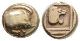 Greek, Lesbos, Mytilene (Circa 454-428/7 BC).
EL Hekte. (11,1 mm, 2.48 g)Forepart of boar to right. /. Head of lion to right within linear square.
