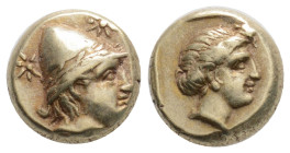 Greek, LESBOS, Mytilene (Circa 377-326 BC) EL Hekte (10 mm, 2.55 g)
Obv: Head of Kabeiros right, wearing wreathed cap; two stars flanking.
Rev: Head o...