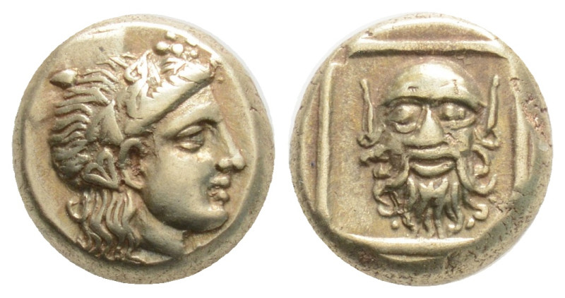Greek, LESBOS, Mytilene (Circa 377-326 BC) EL Hekte (10.5 mm, 2.55g)
Obv: Wreath...
