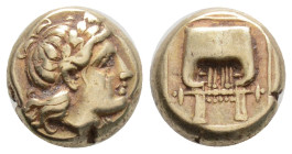 Greek
Lesbos, Mytilene EL Hekte. Circa 377-326 BC. 2.55gr. 10.3 mm
Laureate head of Apollo right / Lyre with four strings within linear square frame. ...