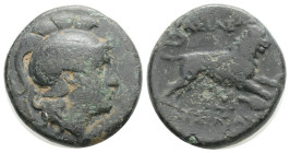 Greek, KINGS OF THRACE, Lysimachos (Circa 305-281 BC) Lysimacheia, AE Bronze (18.9 mm, 5,3 g)
Obv: Head of Athena to right, wearing crested Attic helm...