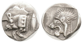 Greek
Mysia, Kyzikos AR Obol. Circa 450-400 BC. Forepart of boar left; to right, tunny upward / Head of roaring lion left within incuse square. Von Fr...