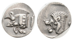 Greek
Mysia, Kyzikos AR Obol. Circa 450-400 BC. Forepart of boar left; to right, tunny upward / Head of roaring lion left within incuse square. Von Fr...