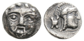 Greek, PISIDIA, Selge (Circa 4th century BC) AR obol (1,1 mm, 4,6 g)
Obv: Head of gorgoneion facing with flowing hair.
Rev: Head of Athena right, wear...