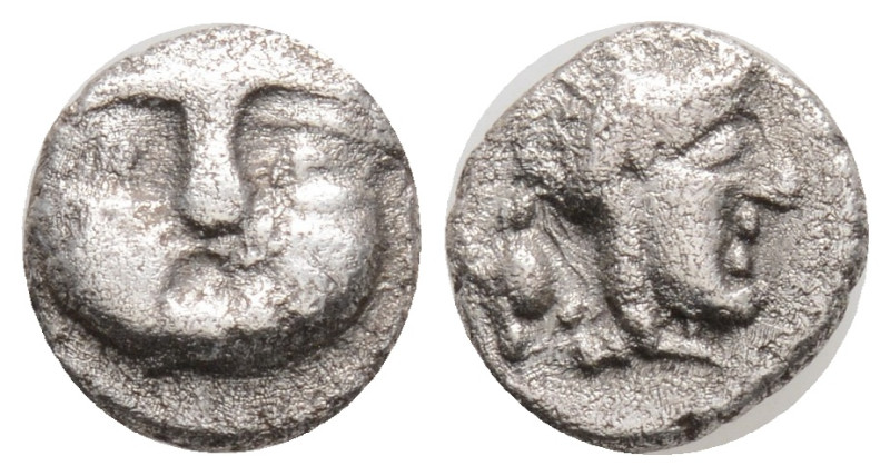 Greek Coins, Side, Obol 350-300, AR 0.94 g. 9,1 mm. Gorgoneion facing. Rev. Helm...