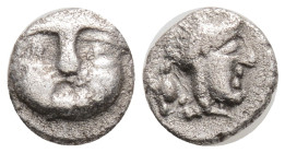 Greek Coins, Side, Obol 350-300, AR 0.94 g. 9,1 mm. Gorgoneion facing. Rev. Helmeted head of Athena r. Waddington 3930. SNG France 1933.
