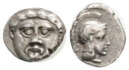 PISIDIA. Selge. Obol (Circa 350-300 BC). 1 g. 5,7 mm.
Obv: Facing gorgoneion.
Rev: Helmeted head of Athena right;