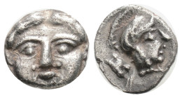 PISIDIA. Selge. Obol (Circa 350-300 BC). 0,89 g. 5,3 mm.
Obv: Facing gorgoneion.
Rev: Helmeted head of Athena right;