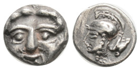 PISIDIA. Selge. Obol (Circa 350-300 BC). 0,91 g. 4,7 mm.
Obv: Facing gorgoneion.
Rev: Helmeted head of Athena left.