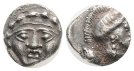 PISIDIA. Selge. Obol (Circa 350-300 BC). 0,93 g. 4,9 mm.
Obv: Facing gorgoneion.
Rev: Helmeted head of Athena right;
