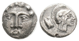 PISIDIA. Selge. Obol (Circa 350-300 BC). 0,95 g. 4,6 mm.
Obv: Facing gorgoneion.
Rev: Helmeted head of Athena right;