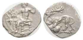 Greek Coins
CILICIA. Tarsos. Mazaios (Satrap of Cilicia, 361/0-334 BC). Obol. 0,68 g. 11,7 mm.
Obv: Baaltars seated left on throne, holding sceptre, g...