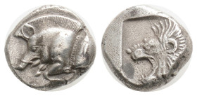 Greek MYSIA, Kyzikos (Circa 450-400 BC) AR Hemiobol (9,7 mm, 1,2 g)
Obv: Forepart of boar left; to right, tunny upward. Rev: Head of roaring lion left...