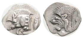 Greek MYSIA, Kyzikos (Circa 450-400 BC) AR obol (12,2 mm, 0.86 g)
Obv: Forepart of boar left; to right, tunny upward. Rev: Head of roaring lion left;