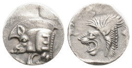 Greek MYSIA, Kyzikos (Circa 450-400 BC) AR obol (12 mm, 0.80 g)
Obv: Forepart of boar left; to right, tunny upward. Rev: Head of roaring lion left;