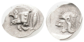 Greek MYSIA, Kyzikos (Circa 450-400 BC) AR obol (15 mm, 0.80 g)
Obv: Forepart of boar left; to right, tunny upward. Rev: Head of roaring lion left;