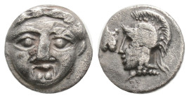 Greek, PISIDIA, Selge (Circa 4th century BC) AR obol (5,1 mm, 0.95 g)
Obv: Head of gorgoneion facing with flowing hair.
Rev: Head of Athena left, wear...