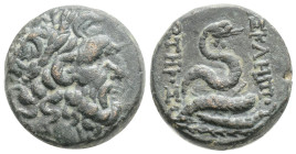 Mysia, Pergamon. AE, 8,7 g 19 mm. Circa 133-27 BC.
Obv: Laureate head of Asklepios to right.
Rev. AΣKΛHΠIOΣ – ΣΩTHPOΣ, Serpent coiled around omphalos....