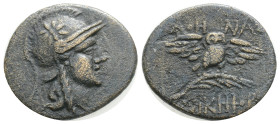 Greek, MYSIA. Pergamon. (Circa 200-133 BC). AE Bronze (19,2 mm. 2,2 g.)
Obv: Head of Athena right, wearing helmet decorated with star.
Rev: AΘHNAΣ / N...