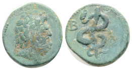 Mysia. Pergamon circa 200-100 BC. Bronze Æ 15,8 mm, 3 g
Head of Asklepios right / Serpent-entwined staff, B to left.
SNG BN 1855–7 var. (no B), 1860 v...