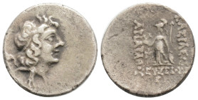 Greek
KINGS OF CAPPADOCIA, Eusebeia-Mazaca. Ariarathes IX Eusebes Philopator (Circa 100-85 BC)
AR Drachm (17.7 mm, 3.7 g)
Diademed head to right / BAΣ...