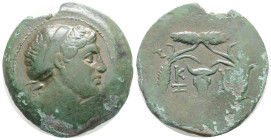 MYSIA. Kyzikos. Ae (3rd century BC). 17,3 g. 29,8 mm.
Obv: Head of Kore Soteira right, wearing sphendone .
Rev: K-Y / Z-I. Boukranion; monogram above;...
