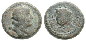 Greek Lycaonia, Eikonion Æ15. c. 1st C. BC AD. Bust of Dionysos r., wearing ivy-wreath; thyrsus behind / Gorgoneion. VA, Lycaonian 200. 5 g, 16 mm,