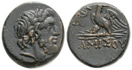 Greek
PONTOS, Amisos (Circa 100-85 BC) AE Bronze (20.6 mm, 8.6 g)
Obv: Laureate head of Zeus right.
Rev: AMIΣOV. Eagle, with head right, standing left...
