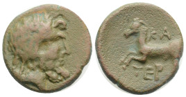 Pisidia, Termessos Æ Dated CY 8 = 64/3 BC. Laureate head of Zeus to right / Horse running to left; TEP below, KA (date) above. 4.5 g 19.3mm.
