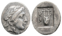 Greek Coins
LYCIAN LEAGUE. Kragos. Hemidrachm (48-42 BC). 1,7 g. 15,3 mm.
Obv: Λ - Y. Laureate head of Apollo right.
Rev: K - P. Lyre within incuse sq...