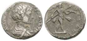 Roman Imperial Coins, Caracalla. As Caesar, A.D. 196-198. AR denarius (16 mm, 2,58 g ) Rome. M AVR ANTON CAES PONTIF, bareheaded and draped head of Ca...