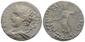 Pisidia, Termessos Æ26. Circa 2nd - 3rd Century AD Draped bust of Hermes to left, kerykeion over shoulder/ Athena standing left, TΩN MEIZONΩN, Athena ...