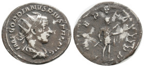 ROMAN EMPIRE: Gordian III, AR Antoninianus, AD 238-244.3,6 g. 23,3 mm. Obv: Gordian III. Rev: Gordian standing right, holding globe and spear. Mint: R...