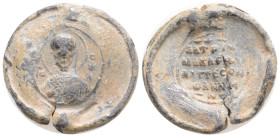 BYZANTINE LEAD SEAL. 6,1 g. 23,9 mm.
Obv: Nimbate bust of Saint. Rev: Legend in Four lines.