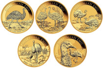 A set of five gold AUSTRALIAN EMU coins weighing one ounce each.
Obv: Image of Queen Elizabeth II, designed by Jody Clark. On the edge of the coin the...
