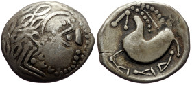 Celts. AR Tetradrachm (Billon, 7.83g, 22mm) Later Imitations of Philip II and their Successors, (2nd century BC)
Obv: laureate head of Zeus right.
Rev...