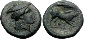 Aitolia, Aitolian League (ca 279-168 BC) AE (Bronze, 17mm, 3.66g) 
Obv: Head of Aitolia or Atalanta right wearing petasos or kausia 
Rev: Spearhead ri...