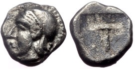Arkadia, Tegea. AR Hemiobol, (Silver,0.36g, 8mm), ca 423-400 BC. 
Obv: Helmeted head of Athena left.
Rev: Large T within shallow incuse square.
Ref: B...