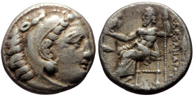 Kings of Macedon, Alexander III 'the Great' (336-323 BC) AR Drachm (Silver, 4.18g, 16mm) Kolophon.
Obv: Head of Herakles right, wearing lion skin.
Rev...