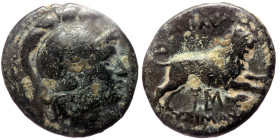 Kings of Thrace, Lysimachos (305-281 BC) AE (Bronze, 19mm, 4.42g) Lysimacheia. 
Obv: Head of Athena to right, wearing crested Attic helmet. 
Rev: ΒΑΣΙ...