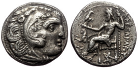 Kings of Macedon, Alexander III 'the Great', AR Drachm, (Silver,4.13 g 16 mm),336-323 BC. Kolophon.
Obv: Head of Herakles right, wearing lion skin.
Re...