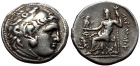 Kings of Macedon, Alexander III 'the Great', AR Drachm, (Silver,4.26 g 18 mm),336-323 BC. Kolophon.
Obv: Head of Herakles right, wearing lion skin.
Re...
