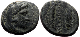 Kings of Macedon, Alexander III 'the Great', AE, (Bronze,6.18 g 19 mm), 336-323 BC, Uncertain mint.
Obv: Head of Herakles right, wearing lion skin.
...