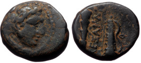 Kings of Macedon, Alexander III 'the Great', AE, (Bronze, 6.33 g 16 mm), 336-323 BC. Macedonian mint.
Obv: Head of Herakles right, wearing lion skin.
...