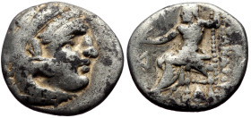 Kings of Macedon, Alexander III 'the Great', AR Drachm, (Silver, 3.97 g 16 mm), 336-323 BC. 
Obv: Head of Herakles right, wearing lion skin.
Rev: AΛEΞ...