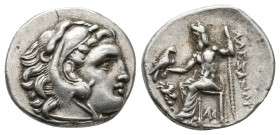 Kings of Macedon, Alexander III 'the Great' (336-323 BC) AR Drachm (Silver, 4.32g, 18mm) Lampsakos.
Obv: Head of Herakles right, wearing lion skin.
Re...